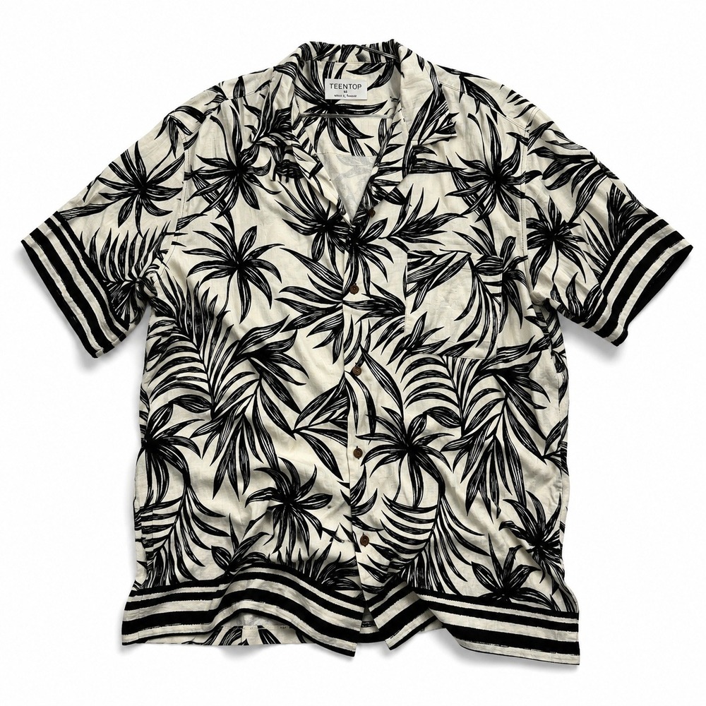 TEENTOP Hawaiian Camp Shirt Black White Tropical Palm Print Men's XL Button Up